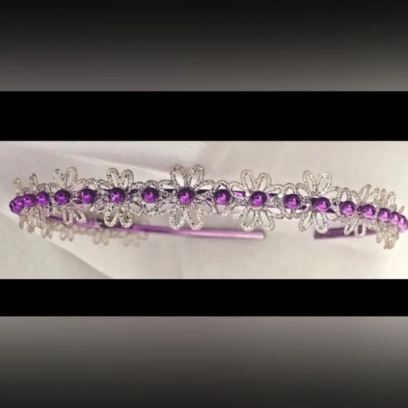 Set Of 2 purple floral bead and silver glitter headband. - Picture 3 of 6